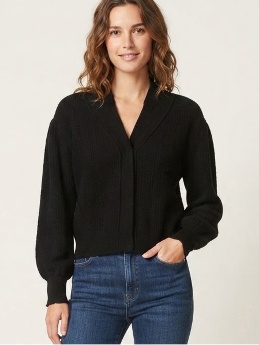 Ba&Sh Sz S Wool Alpaca Black Balloon Sleeves Minimalist Cardigan Sweater